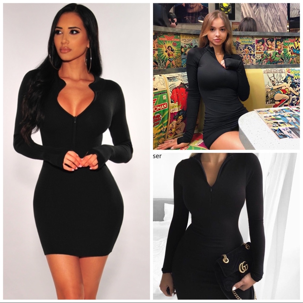 Black long sleeve zipper mini dress
